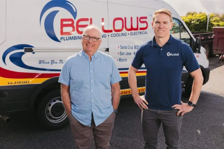 Bellows Plumbing, Heating, Cooling & Electrical team members standing in front of service van.