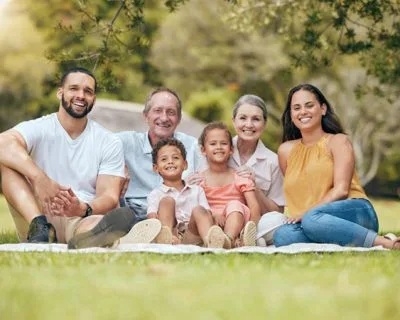 Big family, picnic and outdoor at nature park with children, parents and grandparents together for .