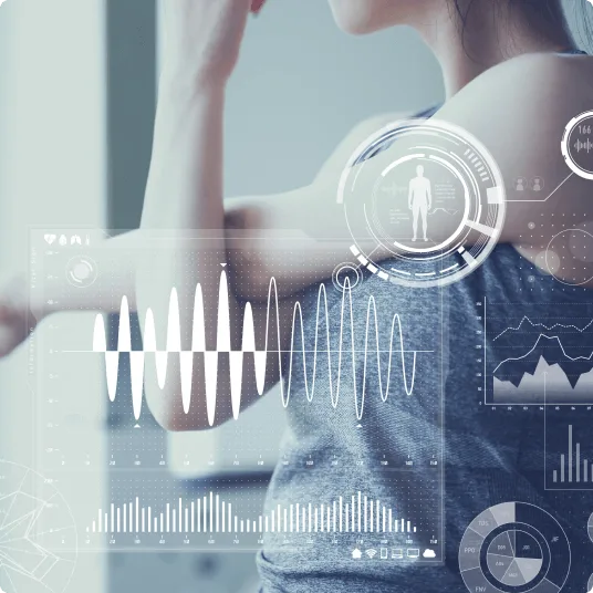 Person in athletic wear with body-monitoring graphics and health data charts