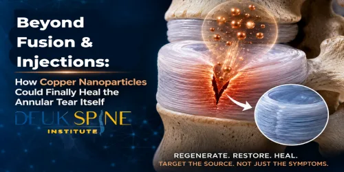 Graphic showing copper nanoparticles healing an annular tear, accompanied by text on spine treatment.