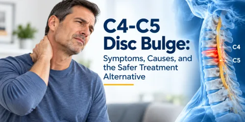 Man holding neck in pain next to diagram of C4-C5 disc bulge with informational text.