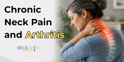 Person holding their neck in pain with text about chronic neck pain and arthritis.