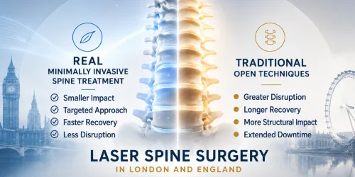 Illustration comparing minimally invasive and traditional spine treatments with London landmarks in the background.