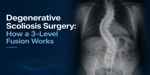 X-ray of a spine with scoliosis next to the text "Degenerative Scoliosis Surgery: How a 3-Level Fusion Works.
