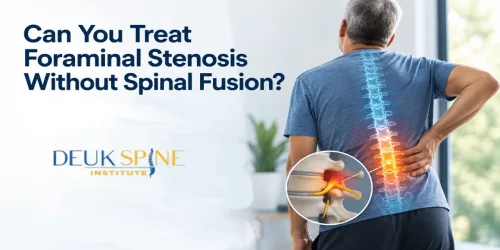 Man with highlighted spine and lower back pain next to text about foraminal stenosis treatment options.