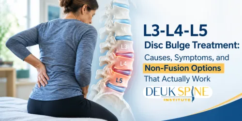 Woman with back pain sits by L3-L5 spine illustration promoting disc bulge treatment.