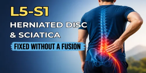Image of a man with back pain showing a highlighted spine, with text about fixing L5-S1 herniated disc and sciatica without fusion.