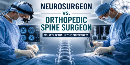 Two surgeons operate on a patient with an overlay of text about neurosurgeons versus orthopedic spine surgeons.