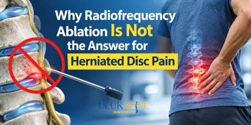 Text about radiofrequency ablation and herniated disc pain with an image of the spine and a person holding their back.