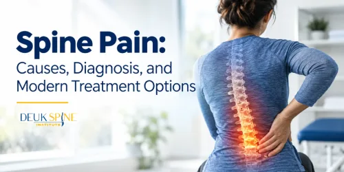 Person holding lower back with highlighted spine and text about spine pain causes and treatments.
