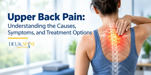 Woman holding her upper back with spine illustration and text about understanding upper back pain.