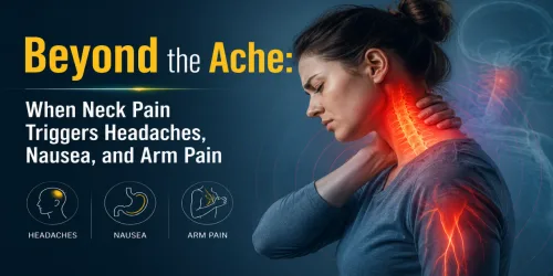 Woman with neck pain highlighted, illustrating its link to headaches, nausea, and arm pain.