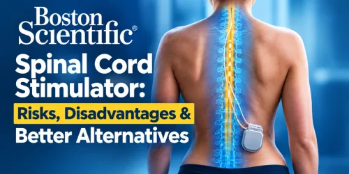 Image of a woman's back showing a spinal cord stimulator device, with text about risks and alternatives.