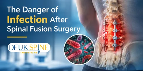 Illustration of spinal fusion surgery with highlighted infection risk, alongside text about infection dangers.