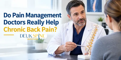 Doctor explains spine model to patient, with text about pain management and chronic back pain.