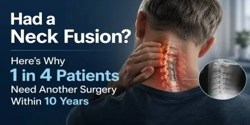 Man holding neck with spine illustration and text about neck fusion surgery risks.