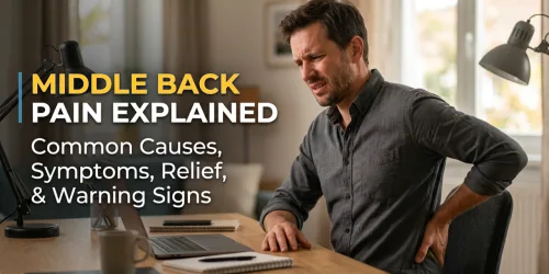 Man holding his back in pain next to text about middle back pain causes and solutions.