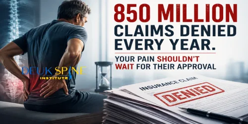 Man with back pain sitting, text about denied insurance claims, and logo for Deuk Spine Institute.
