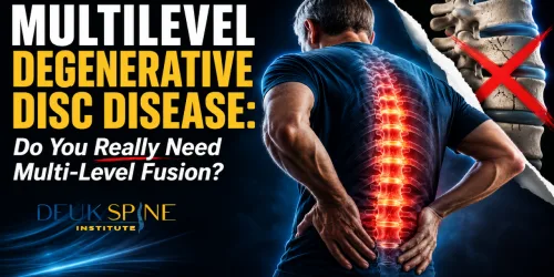 Man with highlighted spine holding back, accompanied by text about degenerative disc disease and spinal fusion.