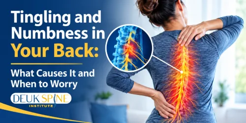 Woman holding her back with highlighted spine and nerves, accompanying text on tingling and numbness.