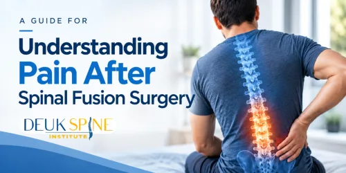 Man holding his back with highlighted spine, featuring text about pain after spinal fusion surgery.