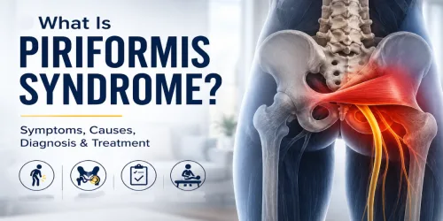 Diagram of the hip area highlighting the piriformis syndrome with text about symptoms, causes, diagnosis, and treatment.