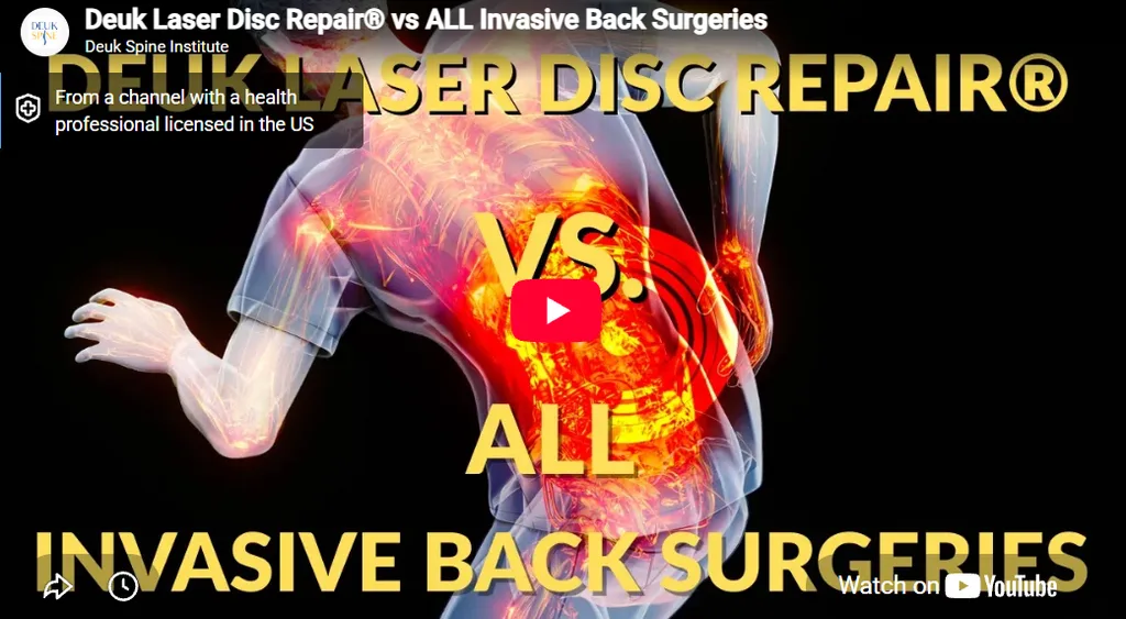 X-ray image of a person with highlighted spine and text "Deuk Laser Disc Repair® vs.