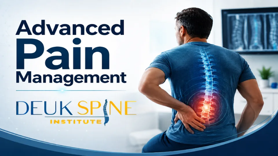 Man holding his back with a highlighted spine illustration next to "Advanced Pain Management, Deuk Spine Institute" text.