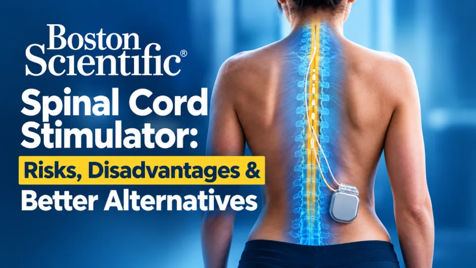 Image of a woman's back showing a spinal cord stimulator device, with text about risks and alternatives.