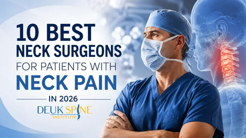 Surgeon in scrubs with mask, overlaid text about top neck surgeons for neck pain in 2026, with Deuk Spine Institute logo.
