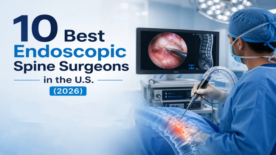 Surgeon performs endoscopic spine procedure with a monitor displaying images, text highlights top surgeons in 2026 U.S.