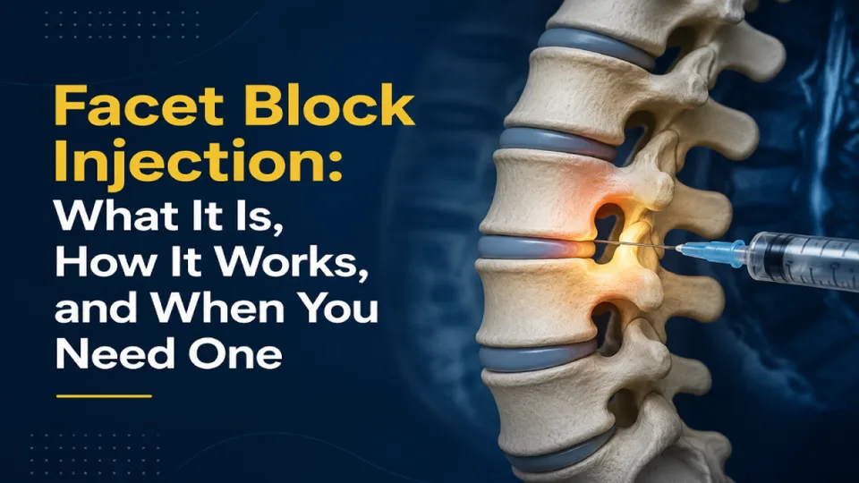 Illustration of a spine receiving a facet block injection with text explaining the procedure.