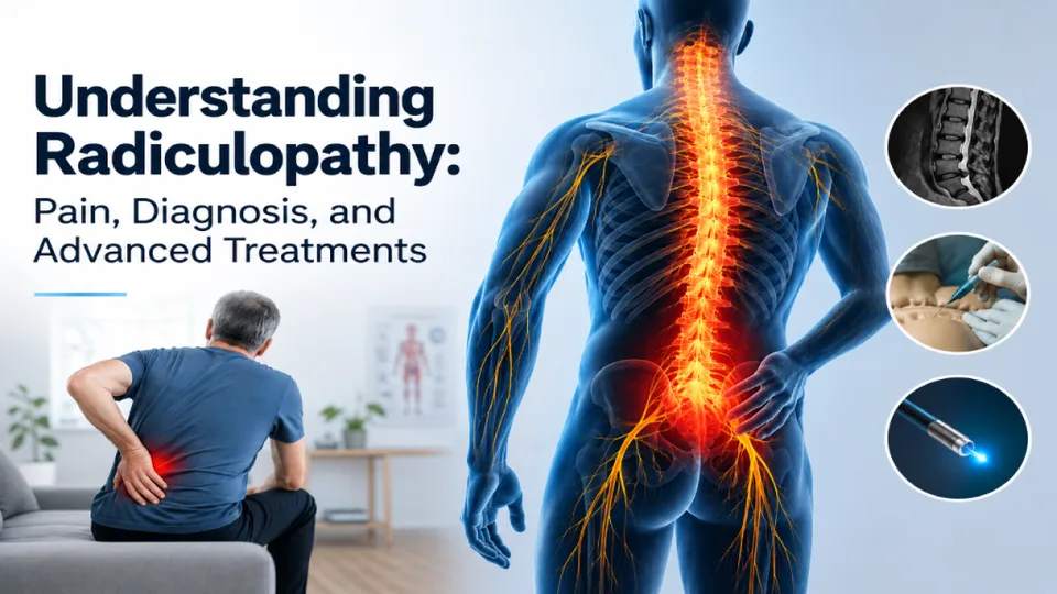 Illustration of radiculopathy with highlighted spine, man in pain, and treatment images.