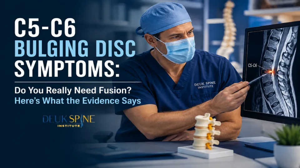 Doctor pointing at spine MRI labeled C5-C6 with text about bulging disc symptoms and fusion.