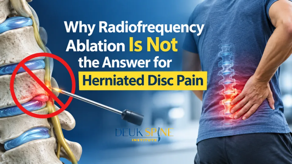 Text about radiofrequency ablation and herniated disc pain with an image of the spine and a person holding their back.