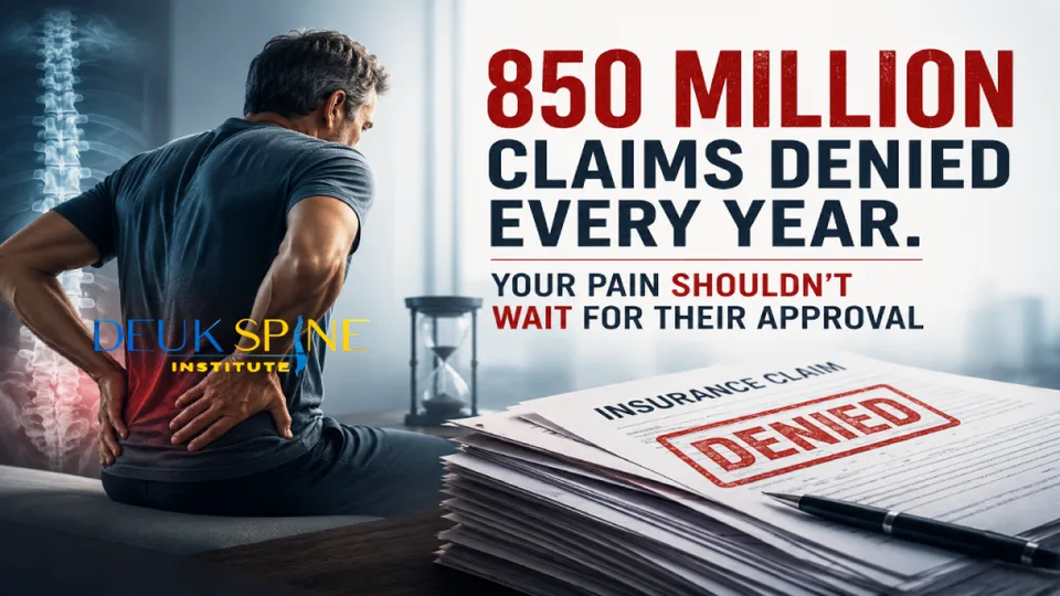 Man with back pain sitting, text about denied insurance claims, and logo for Deuk Spine Institute.