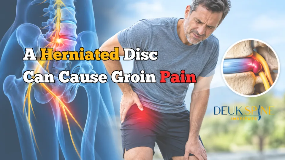 Illustration and text about herniated discs causing groin pain, with man holding his hip.