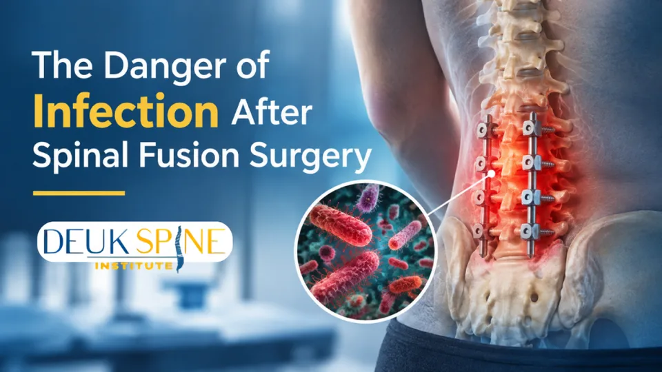 Illustration of spinal fusion surgery with highlighted infection risk, alongside text about infection dangers.