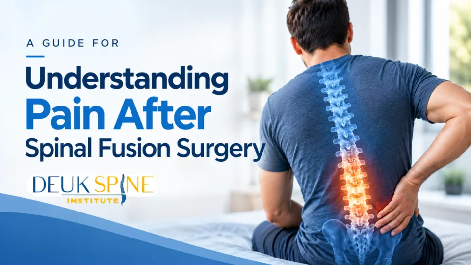 Man holding his back with highlighted spine, featuring text about pain after spinal fusion surgery.