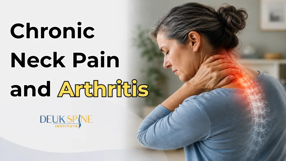 Person holding their neck in pain with text about chronic neck pain and arthritis.