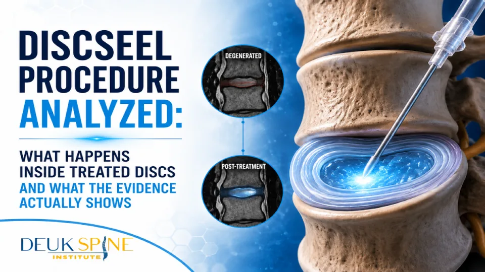 Illustration of the Discseel procedure with MRI images showing disc degeneration and post-treatment results.