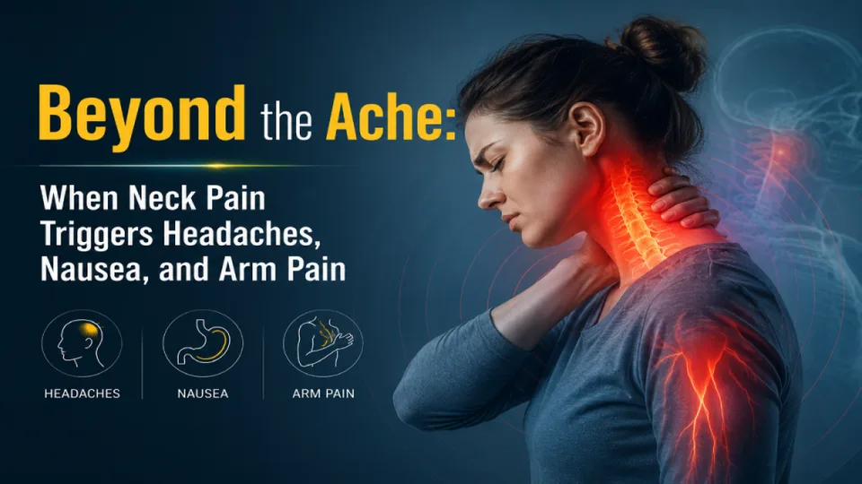 Woman with neck pain highlighted, illustrating its link to headaches, nausea, and arm pain.