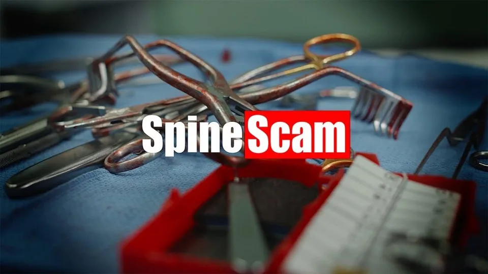 Surgical tools on a tray with the text "Spine Scam" overlaid.