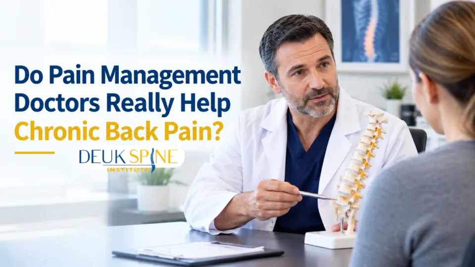 Doctor explains spine model to patient, with text about pain management and chronic back pain.