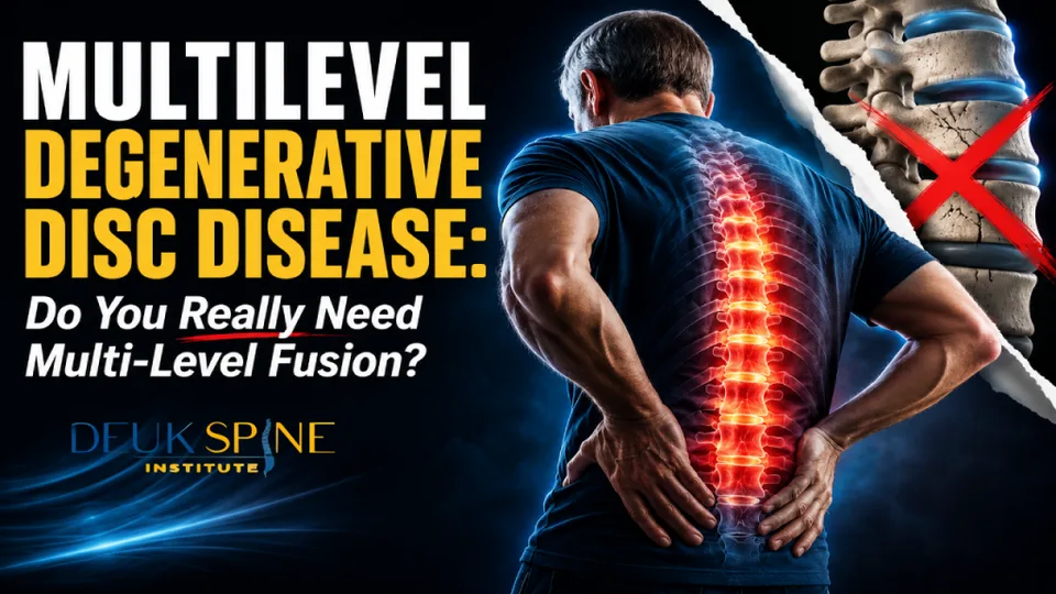 Man with highlighted spine holding back, accompanied by text about degenerative disc disease and spinal fusion.