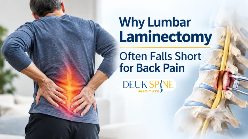 Person with back pain illustration and medical information about lumbar laminectomy by Deuk Spine Institute.