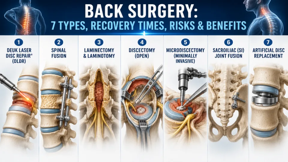 Illustration comparing seven types of back surgery with accompanying images and procedures.