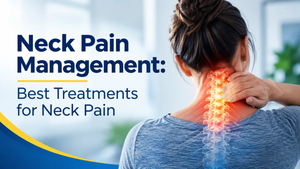 Person holding their neck with spine highlighted, alongside text about neck pain management.