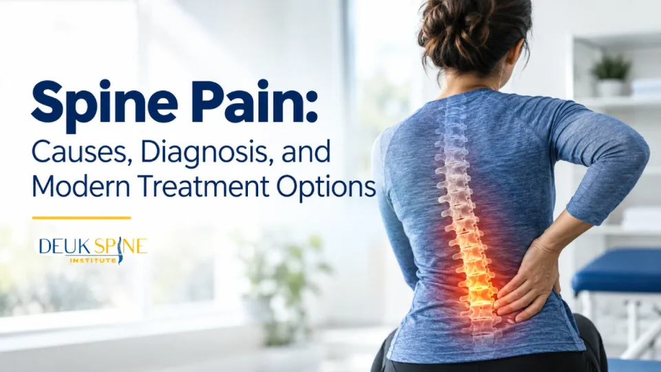 Person holding lower back with highlighted spine and text about spine pain causes and treatments.