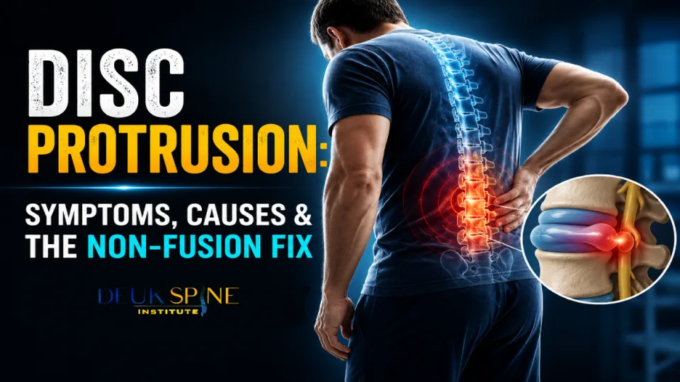 Man with highlighted spine pain and an inset of a disc protrusion diagram.
